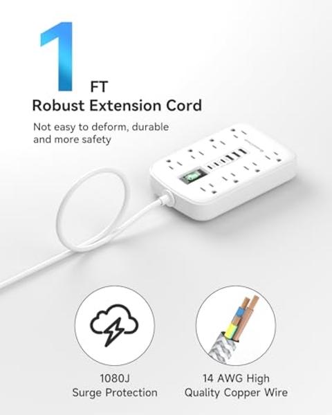 Short Extension Cord 1 ft, Small Power Strip Flat Outlet Extender Surge Protector with 8 AC Outlets 6 USB (5V/4.8A 24W), Mini Extension Cord Flat Wall Plug for Home Office Dorm Kit