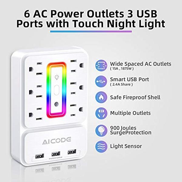 AICODE Multi Plug Outlet Extender, 6 Outlet Surge Polycarbonate Wall Protector with 3 USB Charger(3.2A Total),Plug Electrical Outlet with 6 Ambient RGB Light, Plug Extender for Hom