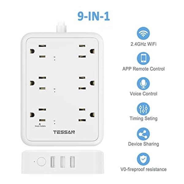 Smart Power Strip, TESSAN WiFi Flat Plug Strip with 3 Smart Outlets and 3 USB Ports, 6 Feet Extension Cord Surge Protector, Only 2.4 GHz Wi-Fi, Compatible with Alexa and Google Hom