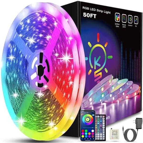 Keepsmile 50ft Led Strip Lights Smart Sync Music Led Lights for Bedroom Home Decoration, APP Control