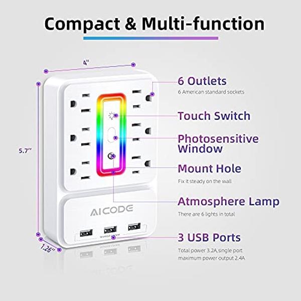 AICODE Multi Plug Outlet Extender, 6 Outlet Surge Polycarbonate Wall Protector with 3 USB Charger(3.2A Total),Plug Electrical Outlet with 6 Ambient RGB Light, Plug Extender for Hom
