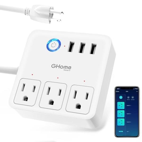 GHome Smart Power Strip with 3 USB Ports & 3 Smart Outlets Plugs That Work with Alexa & Google Home, WiFi Surge Protector, Flat Plug for Home Office Travel, 10A, White