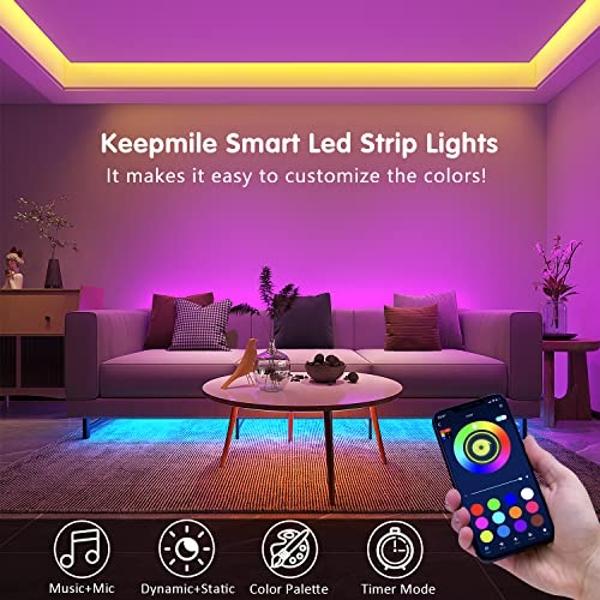 Keepsmile 100ft Led Strip Lights (2 Rolls of 50ft) Bluetooth Smart App Control Music Sync Color Changing RGB Led Light Strip with Remote,Led Lights for Bedroom Room Home Decor Part