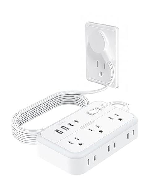 Surge Protector Power Strip with 6 Outlets 4 USB Ports(2USB C), Flat Extension Cord with Multiple Outlets, 1080 Joules, 5 ft Flat Plug Outlet Extender for Indoor, Office Supplies, 