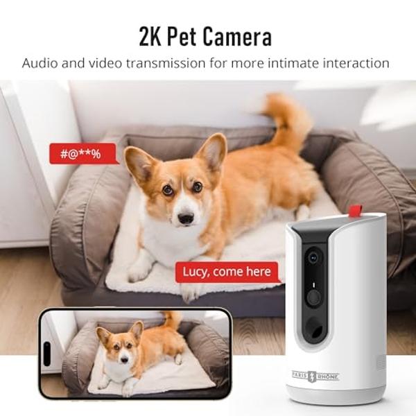 PARIS RHÔNE 2K Pet Camera, 360°View Dog Camera Treat Dispenser, 5G WiFi Pets Monitoring with Phone APP, Two-Way Audio, Infrared Night Vision, Barking Detection and Motion Alerts, W