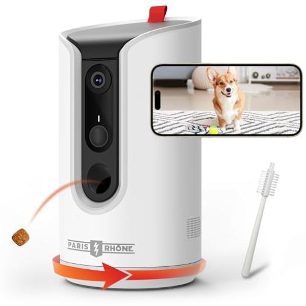 PARIS RHÔNE 2K Pet Camera, 360°View Dog Camera Treat Dispenser, 5G WiFi Pets Monitoring with Phone APP, Two-Way Audio, Infrared Night Vision, Barking Detection and Motion Alerts, W