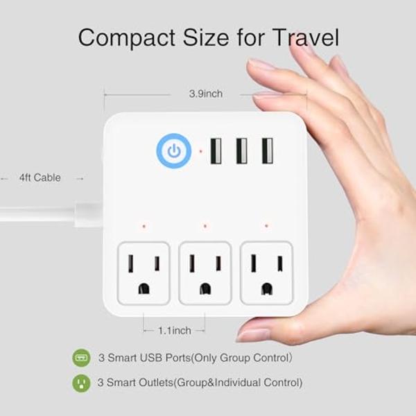 GHome Smart Power Strip with 3 USB Ports & 3 Smart Outlets Plugs That Work with Alexa & Google Home, WiFi Surge Protector, Flat Plug for Home Office Travel, 10A, White