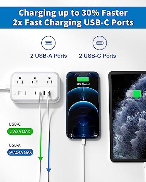 Surge Protector Power Strip with 6 Outlets 4 USB Ports(2USB C), Flat Extension Cord with Multiple Outlets, 1080 Joules, 5 ft Flat Plug Outlet Extender for Indoor, Office Supplies, 