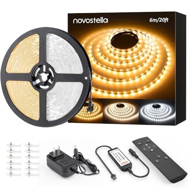 NOVOSTELLA 20ft Tunable White LED Strip Light Kit Dimmable 3000K-6500K 24V Tape Light with RF Remote Flexible Rope LED Ribbon for Bedroom Home Lighting Mirror Kitchen Bar Cabinet D
