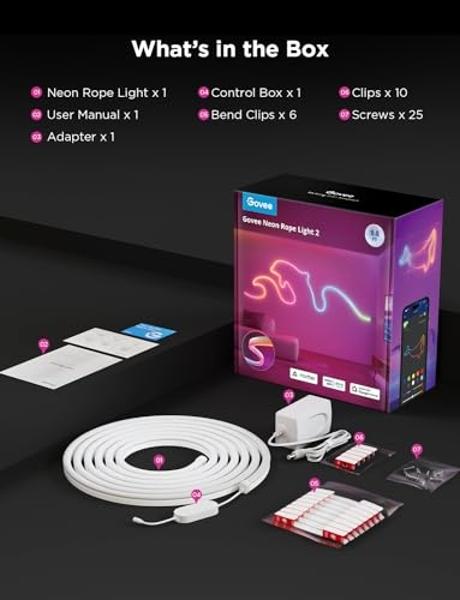 Govee RGBIC Neon Lights, LED Smart Neon Rope Light 2 Works with Matter, Alexa, Google Assistant, Custom DIY Neon Strip Lights for Bedroom and Wall Decor, Softer Material, 9.8ft, Wh
