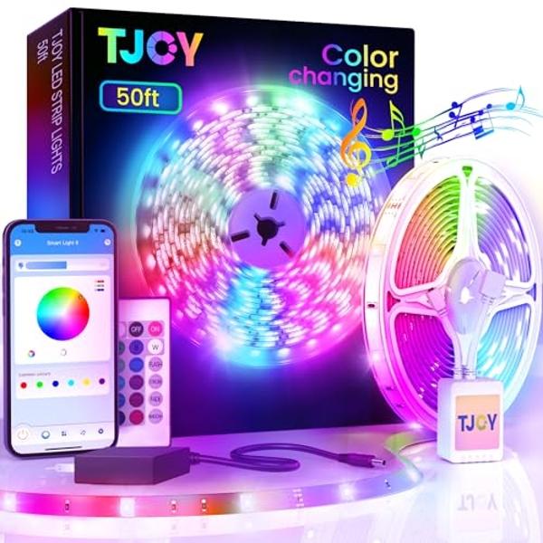 TJOY 50ft Bluetooth LED Strip Lights, Music Sync 5050 LED Light Strip RGB Color Changing LED Lights Strip with Phone Remote, LED Lights for Bedroom Kitchen TV Party TIKTOK DIY (APP