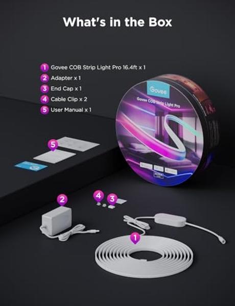 Govee COB LED Strip Light Pro, LED Lights for Bedroom Compatible with Alexa, Google Assistant and Matter, RGBICW Light with Warm White, Smart Strip Light, Color Changing, for Cabin