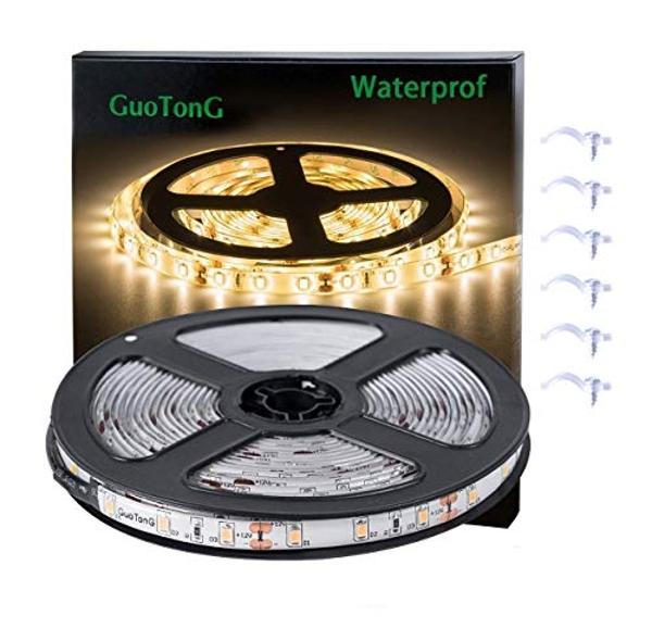 GUOTONG Warm White LED Strip Lights, Waterproof cuttable 300 SMD 2835 LED Tape, 6000K 16.4ft/5m 12V Flexible Ribbon, Kitchen Cabinet Lighting, Hotel, Club, Bar（No Power Supply