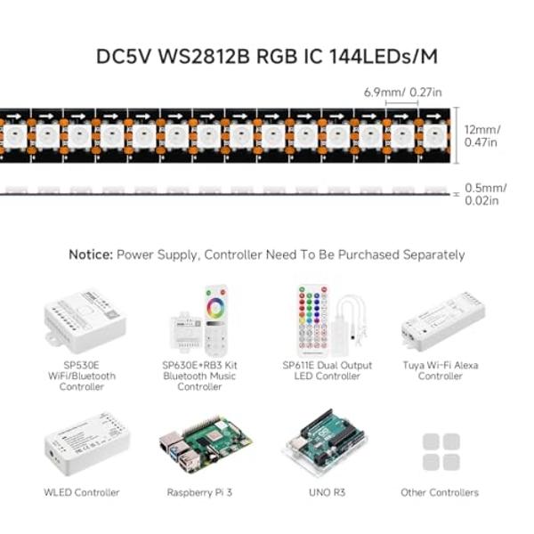 BTF-LIGHTING WS2812B IC RGB 5050SMD Pure Gold Individual Addressable LED Strip 3.28FT 144LED 144Pixel/m Flexible Full Color IP67 DC5V for DIY Chasing Color Project(No Adapter or Co