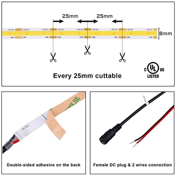 TUNICHX COB LED Strip Lights DC 12V LED Lights Flexible Super Bright LED Strips,16.4ft 3000K Warm White,CRI 90+,2400LEDs High Density Uniform Light for Home Room Decor (No Adapter 