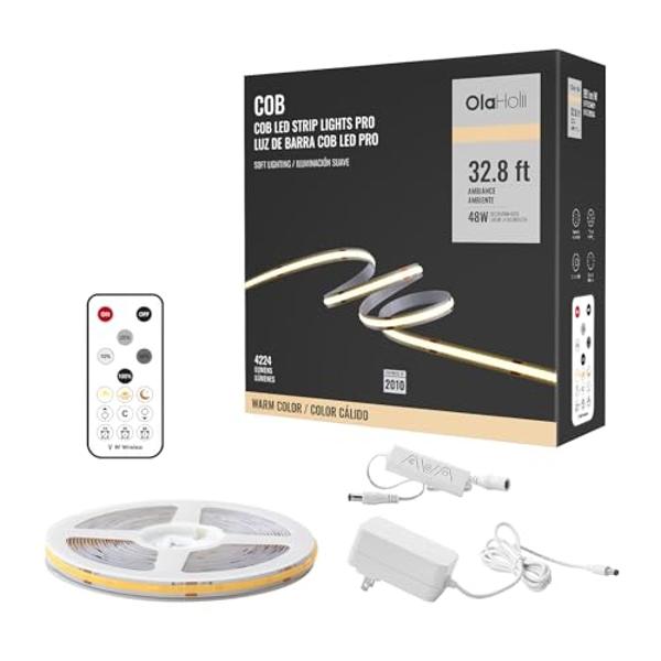 Olaholii 16.4ft COB Led Strip Light with Remote, 2700K Dimmable Bright Warm White Led COB Strip Light, White Led Strip Light for Mirror, Stair, Cabinet, Room