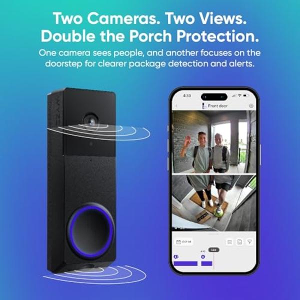WYZE Wireless Duo Cam Video Doorbell (Chime Included), Battery Powered, 2K Full HD Video, 2 Cameras (People and Package), 2-Way Audio, Color Night Vision