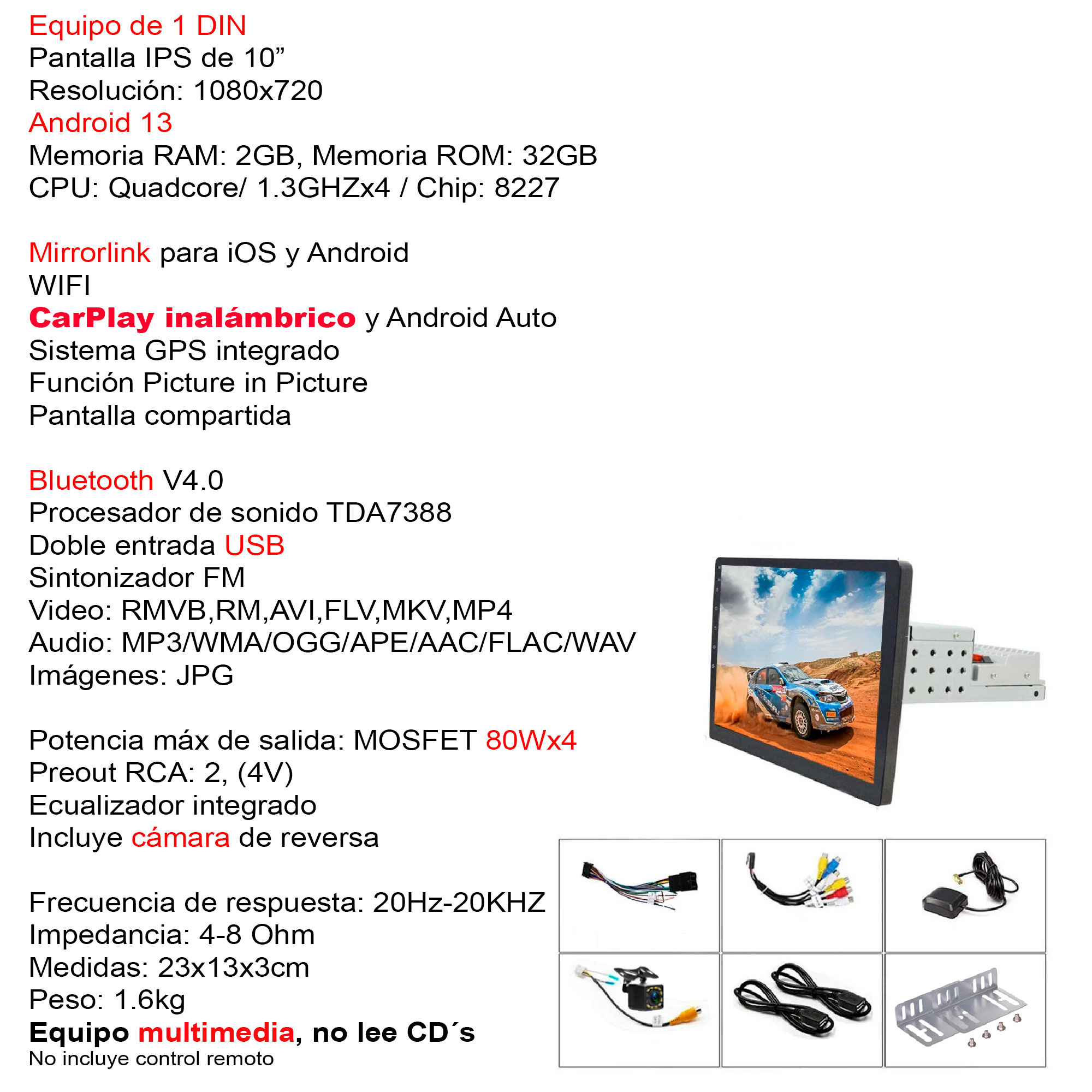 AUTOESTEREO VAK 3700u 1 DIN 10" ANDROID CARPLAY CAMARA GPS.