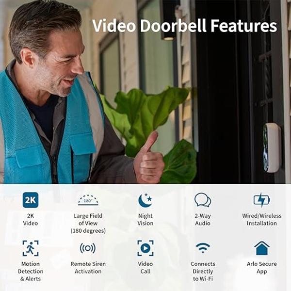 Arlo Video Doorbell 2K | 2nd Gen | Wire-Free/Wired Option, 2-Way Audio, Night Vision, Head to Toe Video View, Integrated Siren | Live Stream | Real Time Notifications |180 Deg Wide