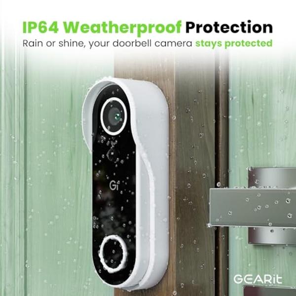 GEARit Smart Video Doorbell Camera - Wireless 2K QHD Video Camera for Door-Bell- 6 Months Rechargeable Battery - IP64 Weather-Proof, Motion Detection, 2 Way Audio Wireless Doorbell