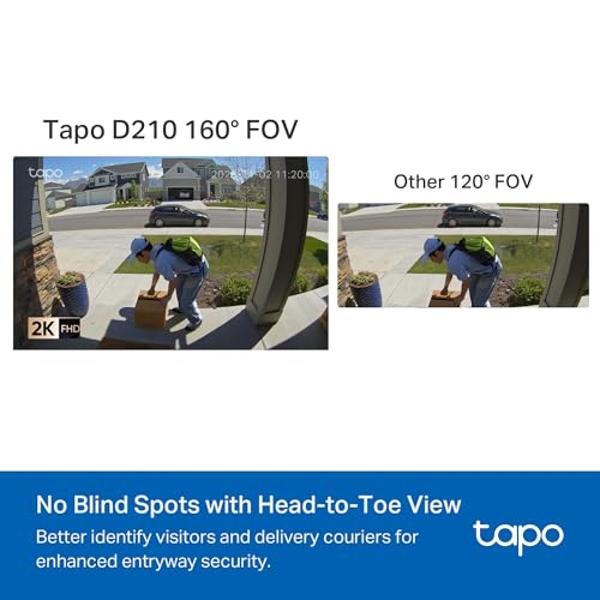 TP-Link Tapo Smart Video Doorbell Camera Wireless with Chime, 2K with Full Color Night Vison & Spotlights, No Monthly Fee, Ring Call, 160° Ultra-Wide View, Free AI Detection, Local