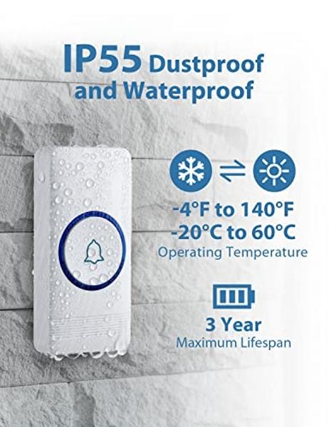 AVANTEK Wireless Doorbell, D-3W Waterproof Door Chime Kit Operating at over 1300 Feet with 2 Plug-In Receivers, 52 Melodies, CD Quality Sound and LED Flash