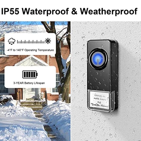 Wireless Doorbell 2 Receivers 2 Push Buttons, PHYSEN Waterproof Door Chime Kit Operating at 1300-ft, Adjustable 58 Melodies & 5 Volume Levels LED Strobe, Door Bell for Home Office 