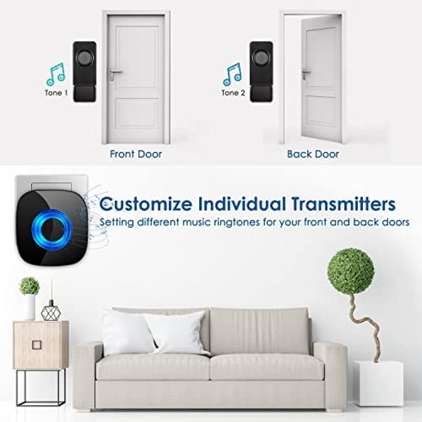 Wireless Doorbell 2 Receivers 2 Push Buttons, PHYSEN Waterproof Door Chime Kit Operating at 1300-ft, Adjustable 58 Melodies & 5 Volume Levels LED Strobe, Door Bell for Home Office 