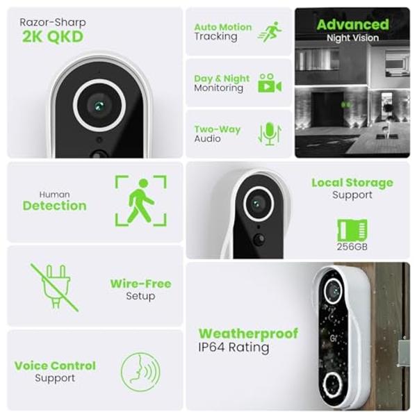 GEARit Smart Video Doorbell Camera - Wireless 2K QHD Video Camera for Door-Bell- 6 Months Rechargeable Battery - IP64 Weather-Proof, Motion Detection, 2 Way Audio Wireless Doorbell