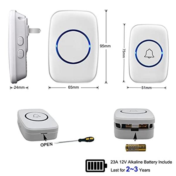 Wireless Doorbell, Waterproof Door Bell Kit, Distinguish front and rear doors, Over 1000 feet Range and 60 Chime, 5 Levels Volume and LED Flash, for Home Office Classroom