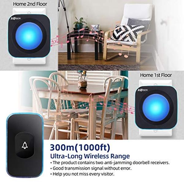 Wireless Doorbell JSIEEM 1200 feet Waterproof Door Bells & Chimes Wireless with Flash LED Light 36 Melodies 4 Volume Levels for Home Office (2 Receivers& 1 Touch Button, Black)