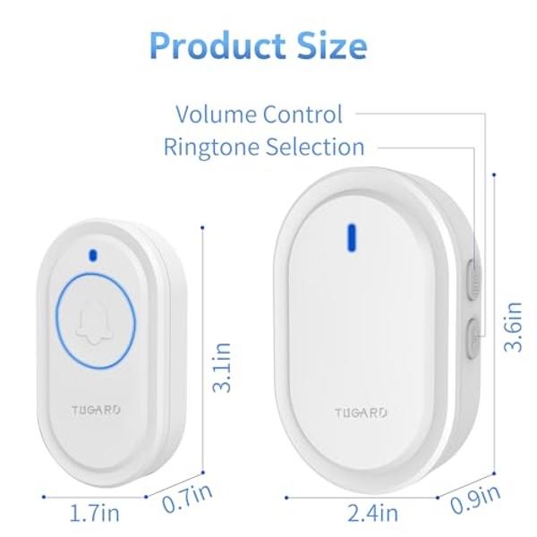 Wireless Doorbell,Mini Doorbell 500ft Range 0-110dB Mute Mode 39 Doorbell Chimes,5 Levels Volume Adjust & Doorbell with LED Light,Easily Install at Office,Hotel,Home,Villa,Apartmen