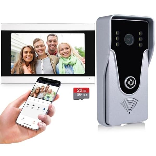 AMOCAM Wireless Video Doorbell Intercom with Monitor System, WiFi Video Intercom 1080P HD Metal Camera, 7 Inch Monitor with 32G Card Record, Tuya APP, 2-Way Audio, Unlock for Home 