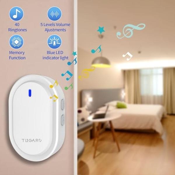 Wireless Doorbell,Mini Doorbell 500ft Range 0-110dB Mute Mode 39 Doorbell Chimes,5 Levels Volume Adjust & Doorbell with LED Light,Easily Install at Office,Hotel,Home,Villa,Apartmen