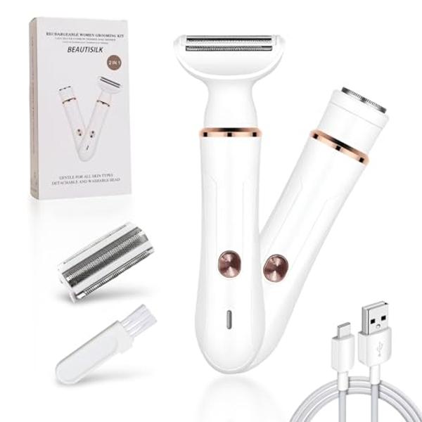 Electric Razor for Women: 2-in-1 Painless Epilator & Hair Removal Kit, Wet&Dry Use, Cordless, Type-C Rechargeable with Facial Hair Trimmer, 3-Blade Shaver Head, Plus Replacement Ti