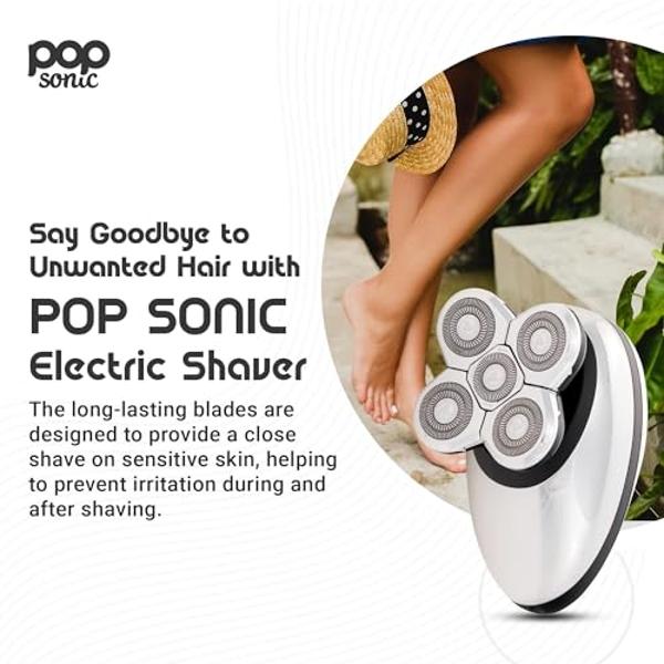 Pop Sonic Shaver for Women (Silver) - 5 Head Women's Electric Shaver - 360 Degree Flawless Hair Remover for Women w/Battery, USB Charging Cord, Cleaning Brush & Manual | Waterproof