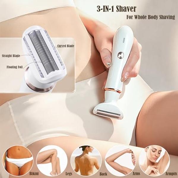 Electric Razor for Women: 2-in-1 Painless Epilator & Hair Removal Kit, Wet&Dry Use, Cordless, Type-C Rechargeable with Facial Hair Trimmer, 3-Blade Shaver Head, Plus Replacement Ti