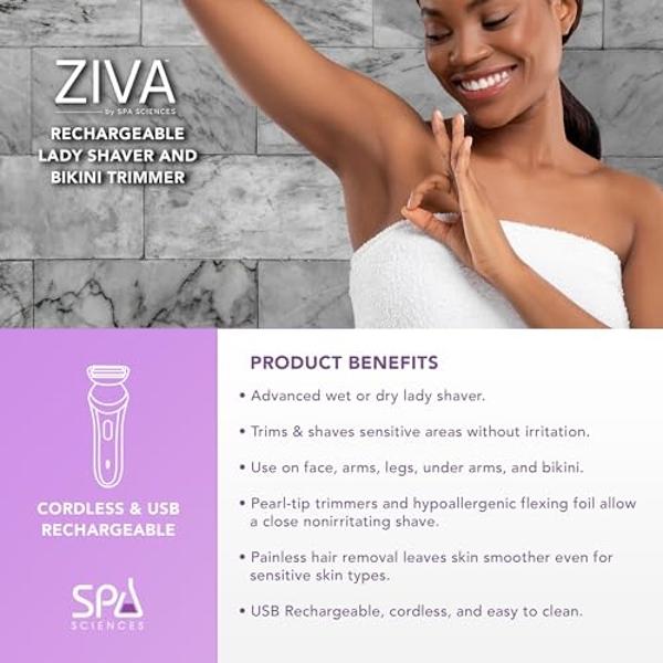Spa Sciences Ziva Lady Shaver - Advanced Wet & Dry Trimmer - Non-Irritating Shave - for Sensitive Skin - USB Rechargeable - All Skin Types