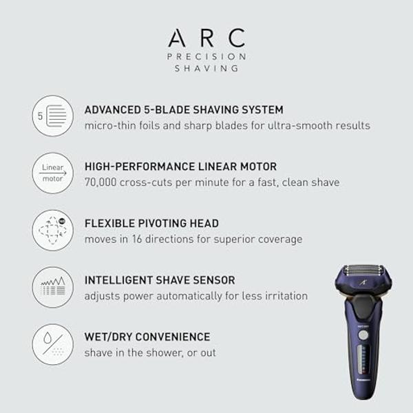 Panasonic ARC5 Electric Razor for Men with Pop-up Trimmer, Wet Dry 5-Blade Electric Shaver with Intelligent Shave Sensor and 16D Flexible Pivoting Head - ES-ALV6HA (Navy)