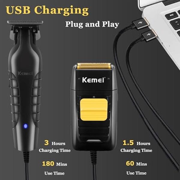 KEMEI Professional Hair Trimmer for Men Cordless, Foil Shaver with Replacement Heads & Nets, Zero Gapped Hair Clippers with T Blade, Electric Head Shavers for Bald Men, KM 2299, KM