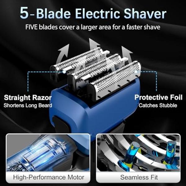 Electric Razor for Men, 2-Speed 5-Blade Electric Shavers for Men Face Cordless Rechargeable, Mens Foil Shaver Shaving Machine Wet Dry Men's Travel Electric Razors Close Shaving Fac