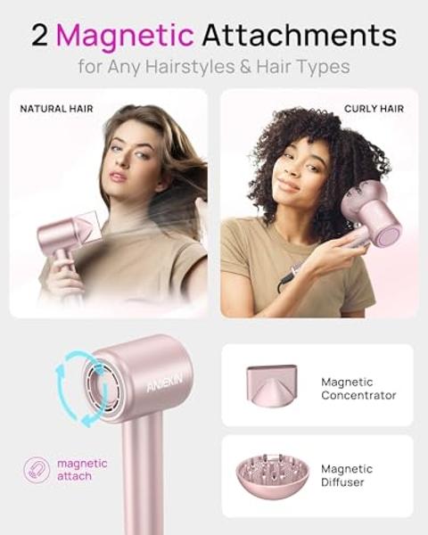 Hair Dryer, High-Speed Ionic Low Noise Blow Dryer with Brushless Motor for Fast Drying, Thermo-Control Quiet Compact Hair Blow Dryer with Magnetic Diffuser for Curly Hair for Home 