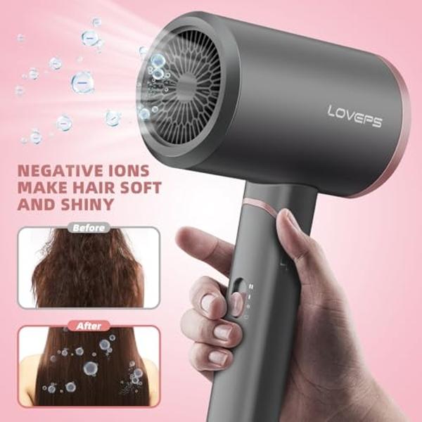 LOVEPS Hair Blow Dryer with Diffuser, 1800W Ionic Blow Dryer, Foldable Handle Travel Hair Dryer, Constant Temperature Hair Care Without Hair Damage, Rose Gold
