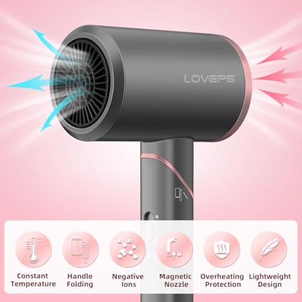 LOVEPS Hair Blow Dryer with Diffuser, 1800W Ionic Blow Dryer, Foldable Handle Travel Hair Dryer, Constant Temperature Hair Care Without Hair Damage, Rose Gold