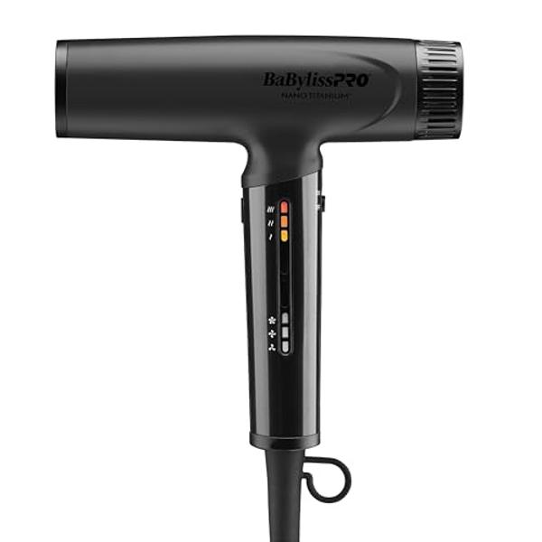 BaBylissPRO Nano Titanium Professional Nano Light Ionic Dual-Voltage Lightweight Hair Dryer in Black, Portable Travel Professional Styling Tool with Diffuser, Blow Dryer Set for Al
