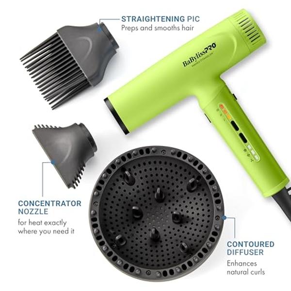 BaBylissPRO Nano Titanium Professional Nano Light Ionic Dual-Voltage Lightweight Hair Dryer in Neon Yellow, Portable Travel Professional Styling Tool with Diffuser, Blow Dryer Set 