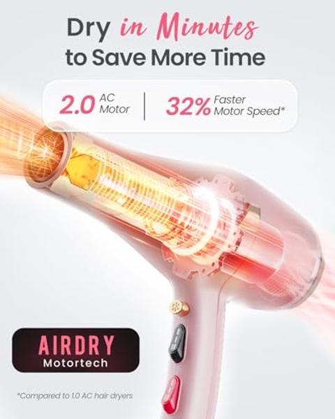 Hair Dryer, High-Speed Ionic Low Noise Blow Dryer with Brushless Motor for Fast Drying, Thermo-Control Quiet Compact Hair Blow Dryer with Magnetic Diffuser for Curly Hair for Home 