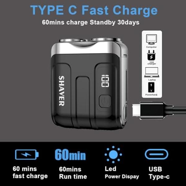 Electric Mini Shaver for Men,Mini Pocket Razor,Dual Floating Head Compact Shaver-LED Power Display,Waterpoof Body&Magnetic Blade-Easy Clean,Great for Travel,car,Home (Black)