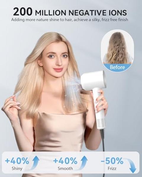 2025 New Hair Blower Dryer, warmmama High Speed Hair Dryers Ionic for Curly Hair, Quiet Thermo-Control Portable Hair Dryer with Diffuser and Nozzle for Home Travel, White