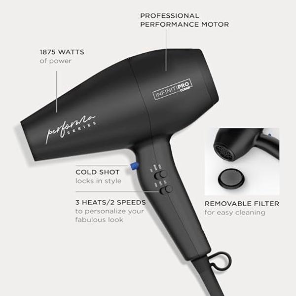 Conair Infiniti Pro Hair Dryer with Diffuser Plus 2 Other Attachments and Drawstring Storage Bag | Performa Series Hair Dryer | Blow Dryer with Professional Performance Motor | Bla